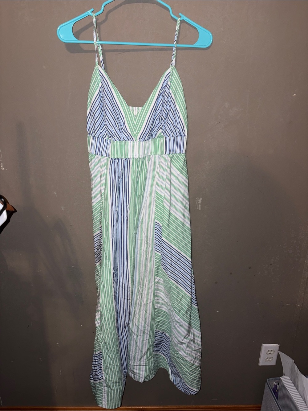 Striped V-Neck Maxi Dress in Blue and Light Green